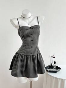 Elamini Women's Elegant Outfit, Casual Daily Wear, Versatile Commute, Black Long Sleeve Shirt With Adjustable Strap, Striped Short Dress, 2-Piece Set, Autumn/Winter - Multicolor - View 5