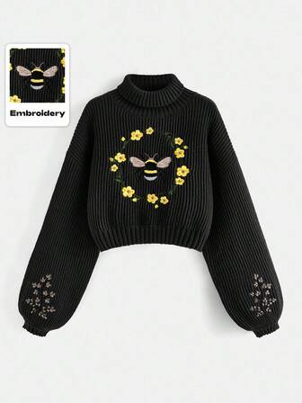 Fairycore Damen Pullover mit hohem Kragen, Ballonärmeln und Bienen- sowie Blumen-Stickerei, Schule