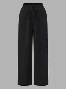 Conjunto de 3 piezas de pantalones casuales rectos y sueltos de cintura elástica con cordón para mujer de talla grande - Multicolor - Ver 3