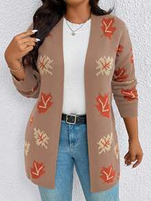 EMERY ROSE Plus Size Dropped Shoulder Casual Maple Leaf Jacquard Knit Cardigan - Camel - View 5