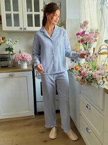 Women's Button-Up Long Sleeve Top & Straight Leg Striped Casual Pants Pajama Set Cozy And Elegant Details, Fall Winter Clothes