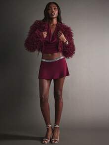 Hauture Jupe mini évasée à taille basse ornée de strass pour femmes - Rouge foncé - Voir 3