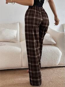 SHEIN Women's Casual Plaid Print Elastic Waist Straight Leg Sleep Pants, Fall & Winter