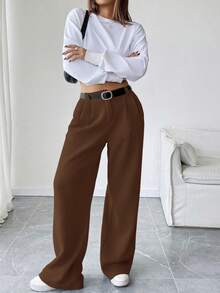 Ritzy Row Fleece-graue plissierte Taschen-Loose Straight Leg Hose, lässige Pendler-Mode vielseitige Hose - Braun - Übersicht 5