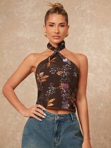 Lumalex 女士简约复古夏季泳装泳衣度假优雅复活节波西米亚风海滩户外热门层叠婚礼季宴会成人礼海滩海边女士金属装饰露背挂脖女士无袖棕色亮片刺绣褶皱修身编织挂脖上衣挂脖围巾上衣优雅亮片挂脖上衣 - 彩色 - 查看 6