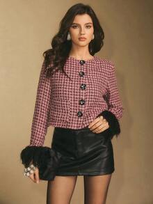 Poéselle Pink Tweed Cropped Jacket With Black Faux Fur Cuffs - Elegant Button Up Blazer, Classy Pearl Detail, Statement Outerwear For Women,Women's Elegant Commuter Plaid Fuzzy Cuff Jacket - Pink - View 3