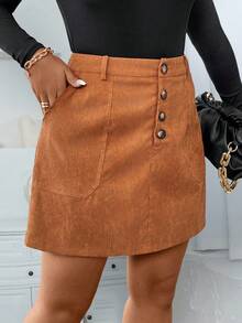 SHEIN PETITE Váy mini nhung kẻ chữ A siêu ngắn, thoải mái, đa năng dành cho nữ - màu nâu - Xem 3