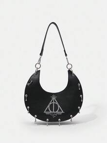HARRY POTTER X SHEIN Deathly Hallows Crescent Shoulder Bag, Black Y2K Punk Rivet Hobo, Unique Goth Crossbody For Streetwear & Daily - Black - View 1
