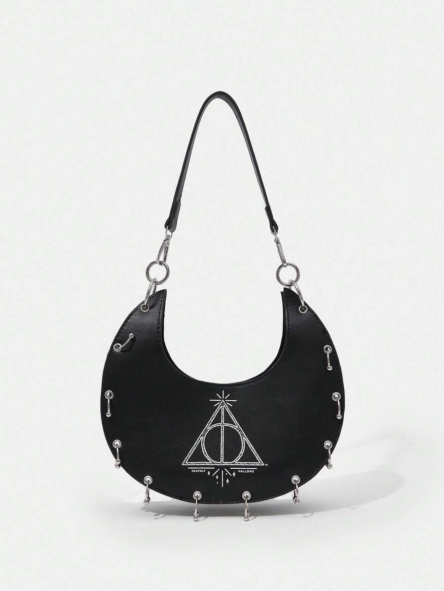 HARRY POTTER X SHEIN Deathly Hallows Crescent Shoulder Bag, Black Y2K Punk Rivet Hobo, Unique Goth Crossbody For Streetwear & Daily - Black - View 1