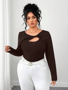 Elenzga Camiseta de manga larga con diseño asimétrico y tela texturizada, talla grande - Café integral - Ver 3