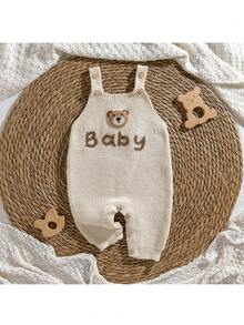 Loomiva 新生儿男/女宝宝卡通熊印花围兜裤套装 - 杏色 - 查看 1