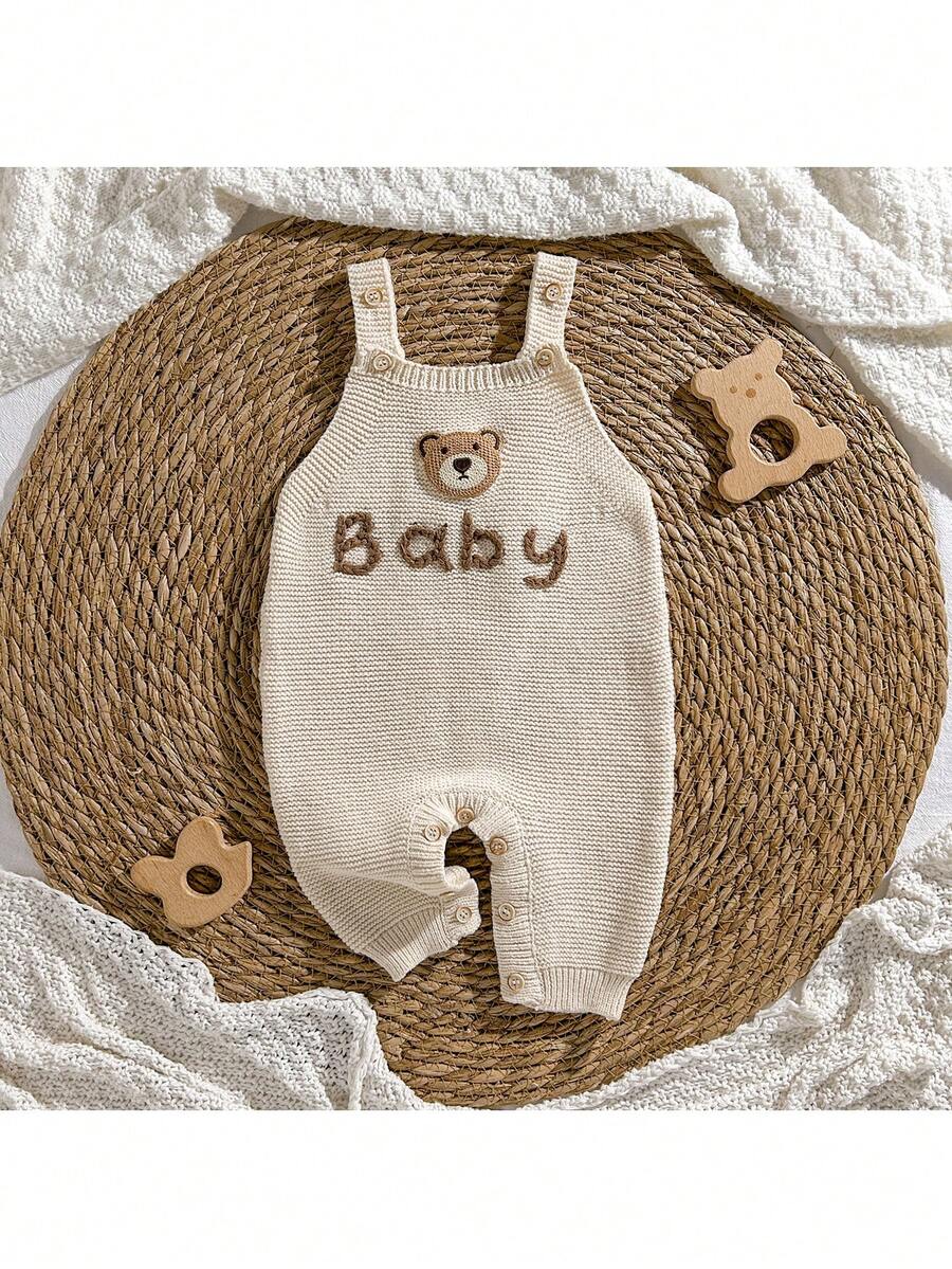 Loomiva 新生儿男/女宝宝卡通熊印花围兜裤套装 - 杏色 - 查看 1