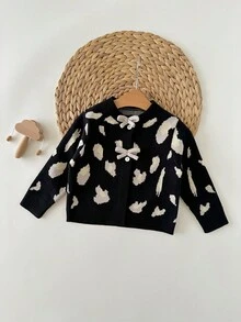 SHEIN Babygirl 休闲豹纹针织开衫，百搭秋冬 - 黑色 - 查看 3