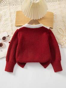 Genkimix Kids 女童加厚时尚蝴蝶结装饰红色节日针织毛衣，长袖套头衫，适合秋冬季穿着