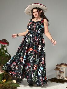 ROMWE Fairycore Váy họa tiết cây dương xỉ rừng nấm cỡ lớn, hở lưng, buộc dây, phong cách cung điện cổ điển thu đông dài họa tiết nấm dành cho nữ - Nhiều màu - Xem 4