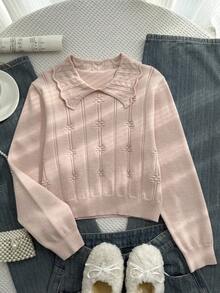 SHEIN 秋冬款青少年女童休闲宽松翻领长袖毛衣 - 粉色 - 查看 8