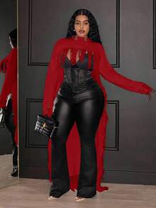 Maweii Plus Size Fashion Tassel Decor Short Front Long Back Sweater Knit Pullover Fall Winter Autumn Party Red - Red - View 5