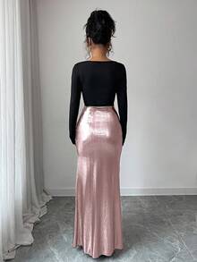 Selianne Damen Farbblock Langarm Kleid mit Perle Dekor und Raffung, elegantes Design - Pink - Übersicht 2