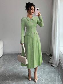 Elenzga 女士蓝绿色纹理面料翻领收腰A字中长连衣裙，饰有金属仿珍珠纽扣，优雅别致的设计，适合教师装、约会、生日、派对、独立日、感恩节、圣诞节、新年等场合，长袖。 - 綠色 - 查看 4