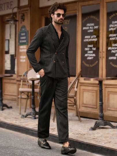 HIMLAND 男士商务条纹立领双排扣西装外套和裤子套装，灯芯绒材质，适合婚礼穿着