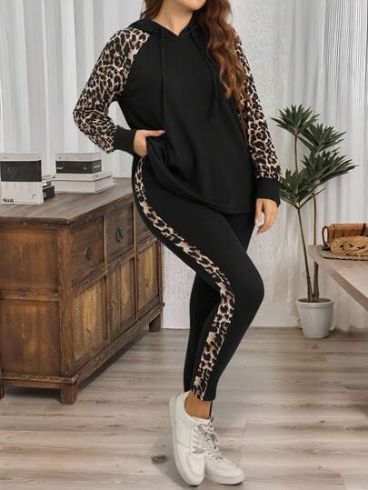 EMERY ROSE Plus Size Women Leopard Patchwork Raglan Sleeve Drawstring Hooded Sweatshirt And Leggings Casual 2 Pieces Set/Winter Cozy Fall And Winter Clothes For Women New Year Look Maija Fall Winter 2025 Fall/Winter Party Elegant Dress Women Elegant Dress Women