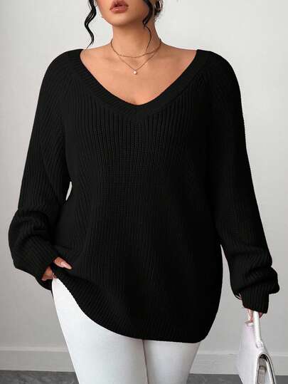 SHEIN Tall CURVE Plus Size Casual V-Neck Raglan Long Sleeve Pullover Sweater