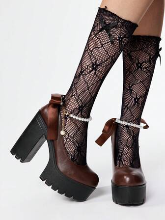 Goth Décolleté con suola spessa e tacco chunky da donna, scarpe Mary Jane con tacco alto, decorazione con fiocco in pizzo e fibbia con perle, adatte per feste, uscite, appuntamenti