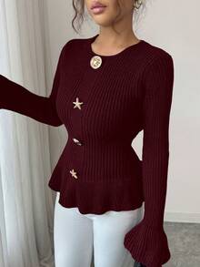SHEIN Elenzya Women's Elegant Metal Buckle Cuff & Ruffle Hem Design Long Sleeve Sweater, Autumn/Winter - Burgundy - View 8