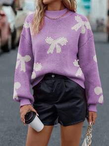 SHEIN LUNE Suéter de punto con cuello redondo, ajuste holgado y mangas farol - Morado - Ver 4