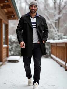 HIMLAND Abrigo casual de trench de doble botonadura y longitud media de unicolor para hombre, otoño - Negro - Ver 3