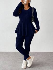 Vionelle Plus Size Solid Color Ruffle Trim Casual Round Neck Long Sleeve Top + Skinny Pants Set Knit Two Piece Set Two Piece Set Women Comfy 2 Piece Lounge Sets Woman Sweater Sets For Women Comfortable Two Piece Set - Navy Blue - View 3