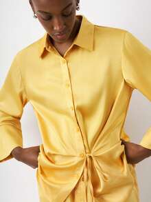 Maija 2pcs Women's Solid Color Drop Shoulder Long Sleeve Front Button Fashionable Shirt Set