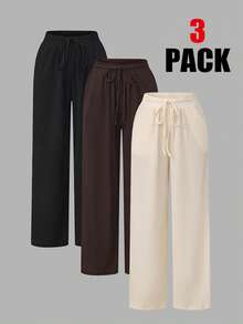 Conjunto de 3 piezas de pantalones casuales rectos y sueltos de cintura elástica con cordón para mujer de talla grande - Multicolor - Ver 1