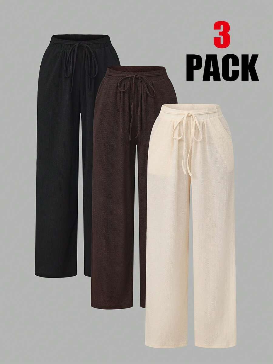 Conjunto de 3 piezas de pantalones casuales rectos y sueltos de cintura elástica con cordón para mujer de talla grande - Multicolor - Ver 1