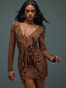 Hauture Women's Solid Color Ruffle V-Neck Sexy Long Sleeve Short Dress - Brown - View 1