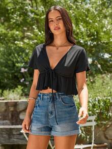 KARISMINA Drawstring Waist Solid Sexy Woman Top - Black - View 4