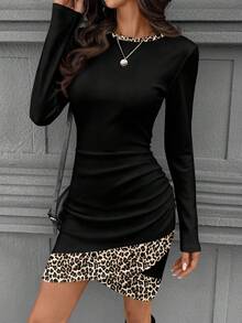 SHEIN LUNE Elegant Autumn Long Sleeve Ruched Waist Casual Everyday Versatile Commuting Elegant Ribbed Leopard Print Pattern Women Short Dress, Comfortable & Warm For Fall/Winter - Multicolor - View 3