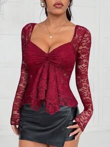 SHEIN EZwear 2025 新款秋冬女装优雅休闲性感波西米亚风格可爱酒红色蕾丝不对称下摆 T 恤衬衫万圣节服装女装圣诞服装女装派对外出上衣，优雅女士 - 酒紅色 - 查看 3