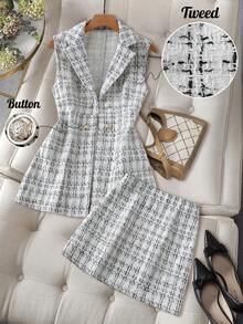 GlowEve 女士斜纹软呢金属面料背心+A字中长裙两件套，优雅百搭，适合日常、通勤和派对穿着。 - 白色 - 查看 1