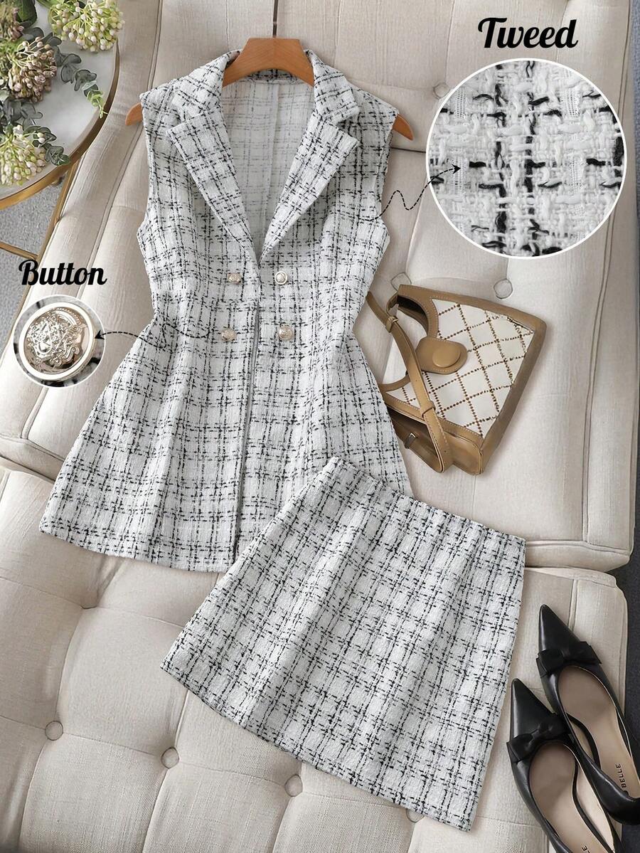 GlowEve 女士斜纹软呢金属面料背心+A字中长裙两件套，优雅百搭，适合日常、通勤和派对穿着。 - 白色 - 查看 1