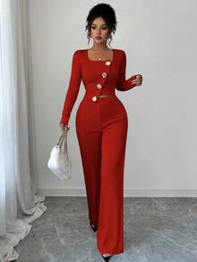 Elenzga Women's Elegant Office Commute Afternoon Tea Party Asymmetric Hem Long Sleeve Blazer Jacket And Elastic Waist Pants 2 Pieces Suit Set, Autumn/Winter - Red - View 7