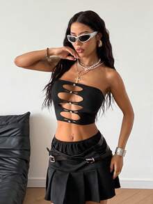 StreetHx Áo crop top thiết kế khoét lỗ phong cách đường phố thường ngày dành cho nữ những năm 2000, áo bandeau màu trơn gợi cảm, thu/đông - màu đen - Xem 6
