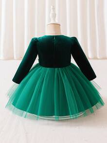 Glamorique Kids Girls' Green Velvet Evening Dress With Tulle Puff Skirt, Satin Bow Decoration, Long Sleeves, Baby Birthday Dress, Banquet Party Costume, Stage Performance Costume, High-End Children's Dress - Green - View 2
