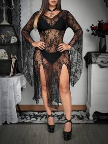 Whyspr Party Fall Autumn And Winter Grunge Punk Sexy Fitted Minimalist Solid Color Lace Slit Dress - Black - View 4