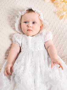 SHEIN Baby Girl Bubble Sleeve Mesh Splice Round Neck Dress And Hat Set