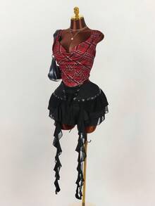 Y2K Amplova Plus Size Women Plaid Sleeveless Casual Blouse/Christmas Criss Cross Top Red Checkered Top Red Plaid Top Plaid Two Piece Set Scarf Top