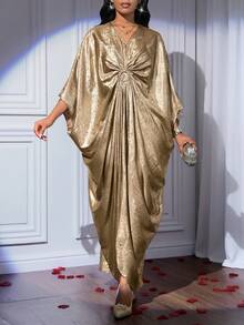 SHEIN Lady Women's Solid Color Metallic V-Neck Batwing Sleeve Pleated Dress - Gold - View 5