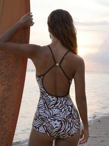 Swim SPRTY Women Summer Brown Polka Floral Print One-Piece Swimsuit,Backless Design Monokini,Suitable For Beach,Holiday,Vacation,Holiday,Casual Sports Swimwear - Multicolor - View 1