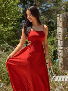 KARISMINA Vestido de unicolor, tejido, con espalda descubierta y cintura con lazo, para vacaciones - Rojo - Ver 3
