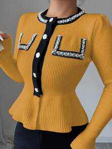 Elenzga Women's Contrast Color Round Neck Raglan Sleeve Elegant Pearl Waist Cardigan - Yellow - View 7